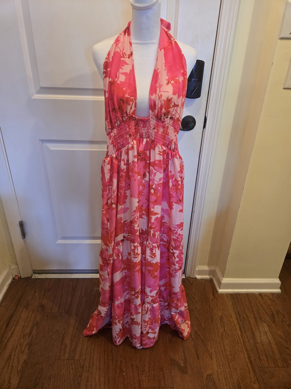 Anna-Kaci Pink Floral Halter Maxi Dress with Smocked Waist